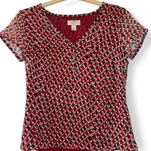 Ann Taylor Loft‎ Petites Red Black Houndstooth V-Neck Blouse Side Zip Size 4P